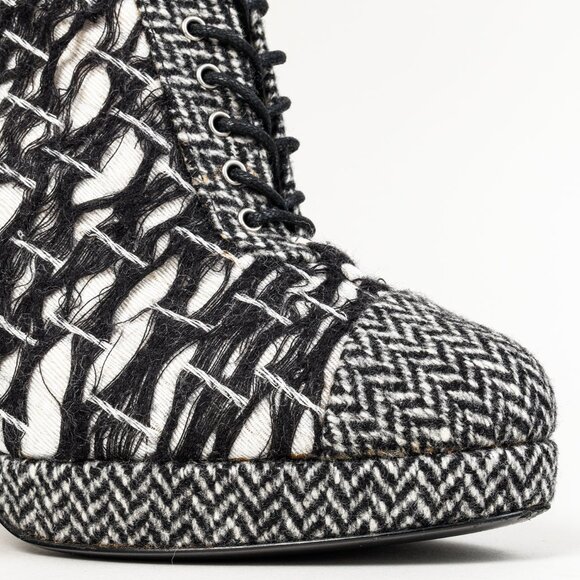 Chanel G27462 Wool Tweed Lace Up Silver Heel Booties - Picture 7 of 13